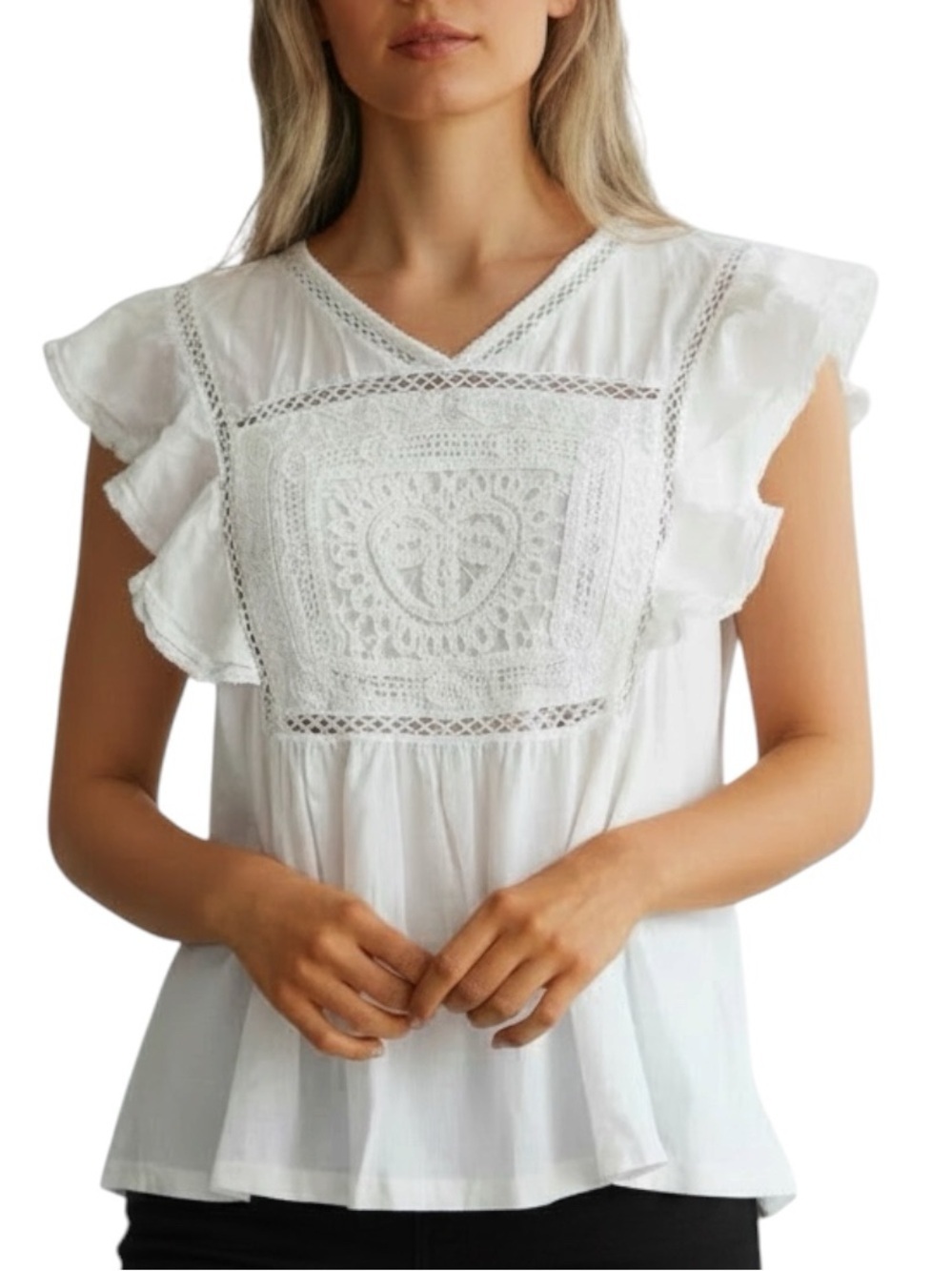 NWT LUCKY BRAND Short Flutter Sleeve Open Stitch Trim Cotton Top Size Large